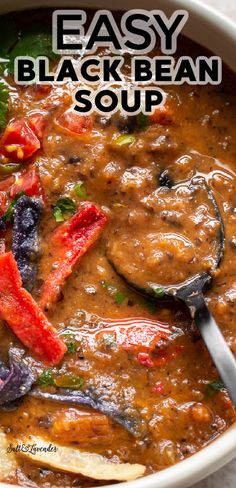 easy black bean soup in a bowl with spoon