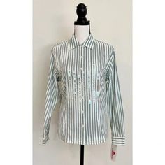 "Vintage 1990s | Deadstock Sequin & Striped Button-Down Blouse.  Mint green/turquoise and white, vertically striped button-down. Collared top, new with tags. The brand is \"Lizwear\" which is part of \"Liz Claiborne.\" 100% cotton.  Vintage size small, but please refer to measurements: 38\" chest, 33\" waist, 17\" shoulders, 22.5\" sleeves, 26.5\" length." Striped Button Shirt For Work, Striped Cotton Blouse With Buttons, Fitted Vertical Stripe Button-up Shirt, Fitted Button-up Shirt With Vertical Stripes, Fitted Striped Button-up Shirt, Striped Fitted Shirt With Button Closure, Fitted Striped Shirt With Button Closure, Green Vertical Stripes Button-up Shirt, Fitted Vertical Stripe Button-up Tops