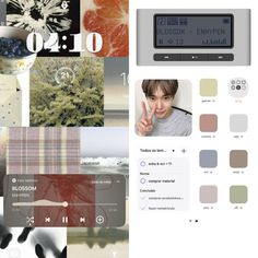 a collage of various images with the time displayed on each panel, including an alarm clock and color swatches