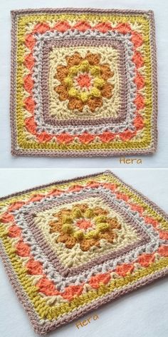 crocheted granny square with flowers on each side and the same pattern in different colors