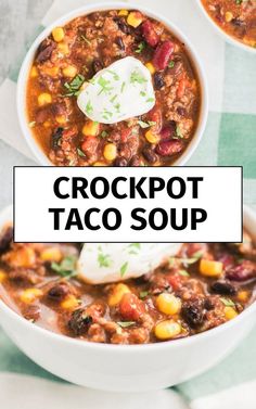 two bowls of crockpot taco soup on a green and white checkered tablecloth