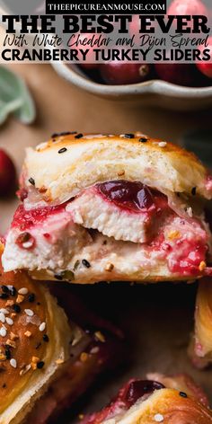 Turkey sliders on hawaiian rolls have sliced turkey meat, cranberry sauce, white cheddar, dijon mustard spread and everything bagel seasoning. Hawaiian Roll Sliders, Cranberry Turkey, Turkey Sliders, Turkey Cranberry, Bagel Seasoning, Sliced Turkey, Snack Board, White Cheddar Cheese, Hawaiian Rolls