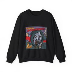 Colors: Black, White, Red This cozy and comfortable MF DOOM Operation Doomsday Sweatshirt features the iconic album cover design, perfect for fans of the legendary rapper. Perfect for MF DOOM and Rap fans looking for a stylish and warm piece to wear during the colder months. Product features - Knit in one piece without side seams for reduced fabric waste - Ribbed knit collar for elasticity and shape retention - Made with a medium-heavy fabric blend of 50% cotton and 50% polyester for coziness - Urban Halloween Sweatshirt With Graphic Print, Urban Style Halloween Graphic Sweatshirt, Pop Culture Winter Streetwear Tops, Winter Pop Culture Streetwear Tops, Winter Streetwear Tops In Pop Culture Style, Hip Hop Halloween Sweatshirt With Crew Neck, Hip Hop Halloween Crew Neck Sweatshirt, Halloween Hip Hop Crew Neck Sweatshirt, Pop Culture Winter Streetwear T-shirt