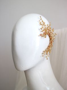 Gold ear cuff made of crusted crystals and pearl beads by PEONY LOVER Gold Single Earring Ear Cuff For Wedding, Elegant Gold Ear Climbers For Wedding, Gold Solitaire Ear Cuff For Wedding, Gold Ear Climbers For Party, Elegant Wedding Ear Cuff With Pearl Drop, Delicate Single Ear Cuff For Wedding, Crystal Garter, Wedding Mermaid, Pearl Ear Cuff