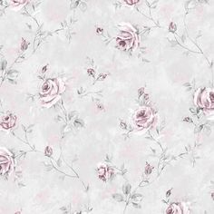 a pink and grey floral wallpaper with roses on the side, in pastel shades