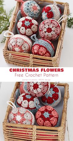 crocheted ornaments are in a basket on the table