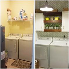 before and after pictures of a laundry room with washer and dryer in it