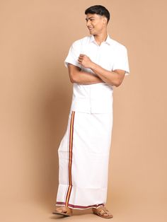 Vastramay Men's White Pure Cotton Shirt And Mundu Set Traditional Festive Shirt For Formal Occasions, White Cotton Traditional Wear For Ceremonies, Traditional Cotton Shirt For Eid, Transitional White Handloom Sets, Classic Cotton Festive Sets, Classic Cotton Sets For Festive Occasions, Classic Festive Cotton Sets, Festive White Cotton Shirt, Ceremonial Cotton Kurta With Traditional Drape