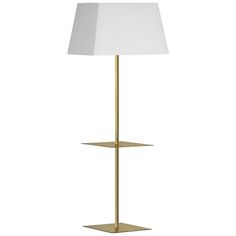 a lamp that is on top of a stand with a white shade over the base