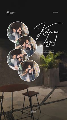 an advertisement for a restaurant with three pictures of people hugging each other in front of a table