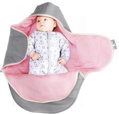 a baby in a pink and grey sleeping bag