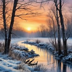 a painting of the sun setting over a snowy river with trees in the foreground