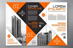 an orange and black brochure with geometric shapes on the front, back and sides