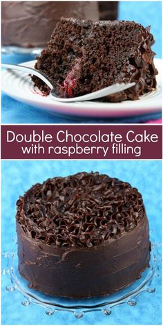 double chocolate cake with raspberry filling on a plate and in the background there is a slice missing