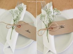 two pictures of a place setting with flowers on the napkins and tied in twine