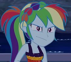 a cartoon girl with rainbow hair standing next to the ocean