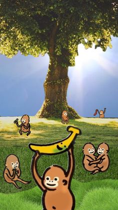 an animated monkey holding up a banana in front of other monkeys on the grass under a tree