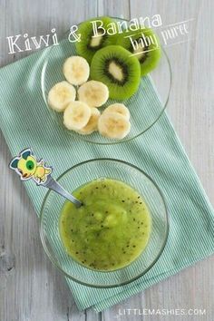 kiwi and banana baby puree in a glass bowl on a green napkin with cut bananas