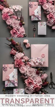 wedding stationery with pink flowers and cards