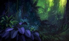 the jungle is full of green and purple plants