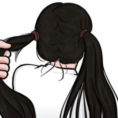 a woman with long black hair is holding her ponytail