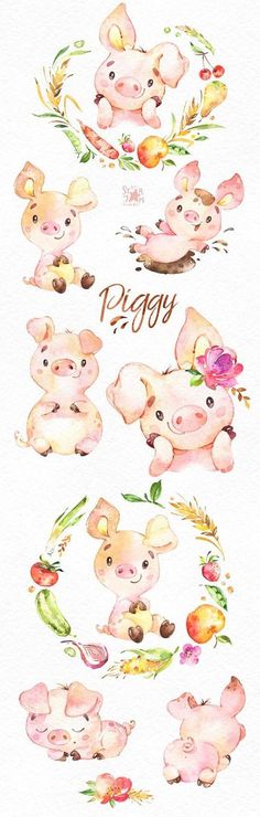 watercolor pigs with flowers and leaves around them