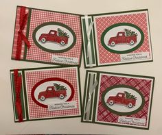 four red and green christmas cards with a truck holding a tree on the front one