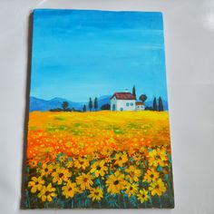 an acrylic painting of a house in a field of sunflowers