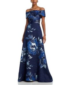 Teri Jon by Rickie Freeman Off-the-Shoulder Metallic Floral Jacquard Gown Jacquard Gown, Metallic Gown, Teri Jon, Mob Dresses, Floral Jacquard, Black Metallic, First Lady, Fitted Bodice, Shoulder Sleeve