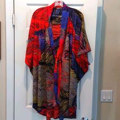 Multi Color Cover-Up With Connected Tie And Wide Boho Sleeves, Very Flowy And Classy,Looks Like Vintage Chanel Fits Any Size Casual Red V-neck Kimono, Red Summer Outerwear With Kimono Sleeves, Red One-size Kimono For Fall, One Size Red Kimono For Fall, Red Kimono For Fall, Casual Red Open Front Kimono, Vibrant Red Tops For Fall, Vibrant Red Top For Fall, Chanel Fits