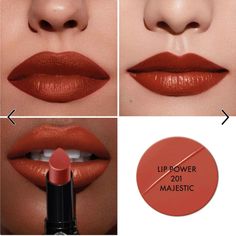 Brand New Without Box. Color: 201 Majestic - Warm Brown Armani Lip Power, Brown Lipstick Shades, Giorgio Armani Makeup, Armani Makeup, Red Lipstick Shades, Giorgio Armani Beauty, Lipstick Shade, Pigmented Lips, Brown Lipstick