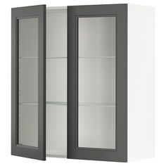 two gray and white cabinets with glass doors on each side, one door open to the other