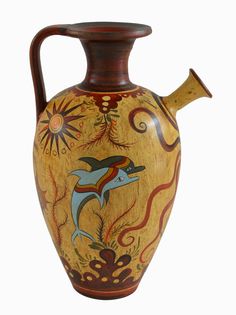 a wooden vase with an animal painted on it