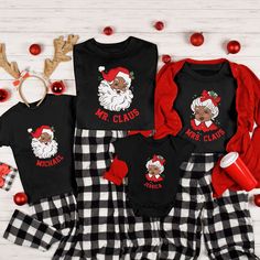 Family Christmas Shirts Black Santa Matching Christmas Shirts Custom Christmas Pajama shirt African American Personalized Family Group Shirt ORDERING INSTRUCTIONS 1-) Please, Check and Review all Photos. 2-) Choose Your T-Shirt Size from the Size Menu. 4-) Choose the quantity amount 5-) Click ADD TO CART. You can go back to add more products 6-) Please click the "Proceed to Check Out" button PRINT ▸ This is a Direct-To-Garment printed item ▸ The ink is printed INTO the fabric, not sitting on top of it WASHING INSTRUCTIONS ▸ Wash inside out, in cold water, on gentle cycle. Tumble dry low or let air dry ▸ Do not use Fabric Softeners or Bleach ▸ Do not dry clean. Avoid ironing on the design. SIZE ▸ Take a look at the photos to see a specific sizing chart for each shirt option Shirt color opti Black Long Sleeve Christmas T-shirt, Black Winter Holiday T-shirt, Festive Holiday Black Top, Black Top For Festive Holiday Occasions, Black Crew Neck Christmas T-shirt, Black Crew Neck Top For New Year, Black Crew Neck T-shirt For Holidays, Black Holiday Shirt, Black Shirt With Graphic Print For Holiday