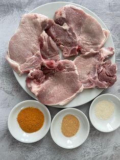 raw meat on a plate with spices and seasonings