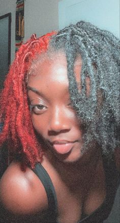 Red Locs On Dark Skin Women, Half And Half Colored Locs, Half Red Half Black Locs, Loc Colors Black Women Dark Skin, Skunk Stripe Hair Locs, Skunk Stripe Dreads, Skunk Stripe On Locs, Skunk Stripe Locs, Dreads Black Women