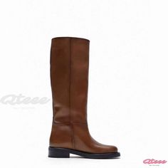 Qteee - Brunette Vintage Cowhide Knee-high Leather Boots Classic Round Toe Knee-high Boots For Fall, Flat Heel Office Boots For Fall, Flat Heel Boots For Office In Fall, Office Boots For Fall With Flat Heel, Casual Knee-high Boots For Office, Casual Faux Leather Boots For Office, Spring Office Brown Boots, Casual Faux Leather Knee-high Boots With Square Toe, Casual Knee-high Boots With Square Toe In Faux Leather