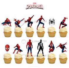 cupcakes with spiderman figurines on them are shown in various poses