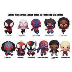 the spider - man action figures are shown in different styles and sizes, including one for each