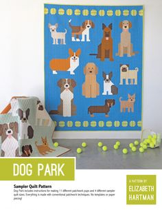 a dog park quilt pattern next to some tennis balls