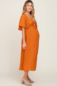 Rust Front Tie Ruffle Sleeve Maternity Midi Dress– PinkBlush Maternity Midi Dress, Pink Blush Maternity, Lined Skirt, Ruffle Sleeves, Maternity Clothes, Empire Waist, Blush Pink, Rust, A Line