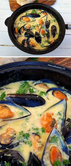 two pictures of different types of food in a pan and one has mussels on it