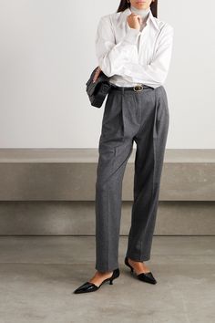 Find TOTÊME Pleated Woolblend Straightleg Pants on Editorialist. Straight-leg pants wool-blend pleated two side slant pockets two back welt pockets belt loops high-rise cut concealed hook, button and zip fastening at front mid-weight, non-stretchy fabric machine wash or dry clean imported TOTEME's pants will effortlessly take you from business meetings to post-work drinks. Tailored from a wool-blend, they have a high-rise waist and pleated straight legs. The gray mélange is eternally classic. Timeless Fall Workwear Bottoms, Timeless Workwear Pants For Fall, Timeless Workwear Pants With Belt Loops, Timeless Pants With Belt Loops For Workwear, Belted Relaxed Fit Pants For Work, Pleated Straight Hem Pants For Work, Wool Dress Pants For Fall Workwear, Classic Belted Pants For Workwear, Classic Belted Pants For Business Casual