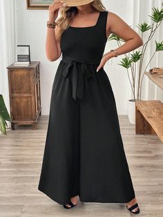 Plus Size Summer Casual Solid Color Wide Leg Jumpsuit Black Casual  Sleeveless Woven Fabric Plain Unitard Non-Stretch,Medium Stretch  Women Plus Clothing, size features are:Bust: ,Length: ,Sleeve Length: Plus Size Summer Casual, Satin Pj Set, Jumpsuit Black, Plus Size Summer, Pajama Set Women, Wide Leg Jumpsuit, Black Jumpsuit, Black Casual, Pajamas Women