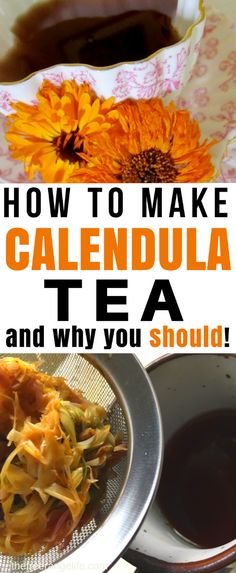 Calendula tea is the simplest way to get all the amazing benefits from calendula flowers. Learn how to make calendula tea and why you should! Herbal healing | Natural Health | Alternative Remedies Calendula Recipes, Marigold Tea, Dried Calendula, Calendula Tea, Tea Blends Recipes, Calendula Benefits, Calendula Flowers, Homemade Tea