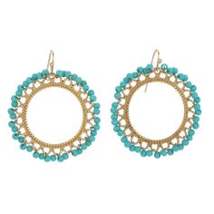 Beautiful Crafted Western Turquoise Bead Circle Earrings. 8/0 Blue Turquoise TOHO Seed Beads. Gold Tone Circle Ring and Ear Wires. Lead & Nickel Compliant. Hypo Allergenic. Diameter 4.9 cm. These Fun and Flirty Earrings Add Just The Right Touch of Western Flair to Your Wardrobe. Nickel-free Summer Jewelry, Bohemian Circle Jewelry With Dangling Beads, Turquoise Beaded Round Earrings, Blue Beaded Circle Jewelry, Bohemian Circular Jewelry With Dangling Beads, Wire Wrapped Round Beaded Earrings, Party Beaded Wire Wrapped Round Earrings, Wire Wrapped Beaded Earrings For Party, Elegant Beaded Circle Earrings