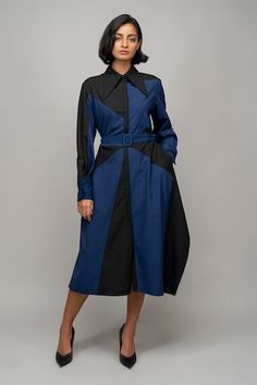 Navy blue and black full sleeves shirt dress with a composition color block pattern and front placket highlighting the asymmetrical side hem of the garment. Comes with a matching buckle belt. - Aza Fashions Designer Long Sleeve Dresses For Workwear, Long Sleeve Blue Shirt Dress For Work, Blue Long Sleeve Shirt Dress For Work, Modern Long Sleeve Shirt Dress For Work, Formal Blue Long Sleeve Shirt Dress, Shirt Dress Women, Color Block Pattern, Suit Shirt, Dress Shirt Sleeves