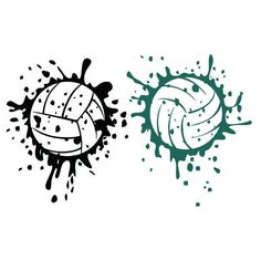 two volleyball balls with splats on them and one is black and white, the other has green ink