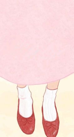 a drawing of someone's feet with a pink blanket over their head and red shoes