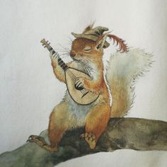 a painting of a squirrel playing the guitar on a tree branch with its tail hanging down